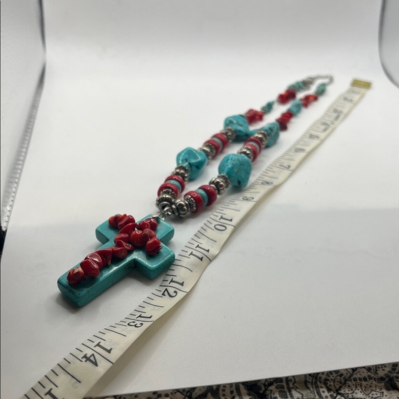 Turquoise and Red Beaded Necklace -2 piece set - Picture 5 of 10